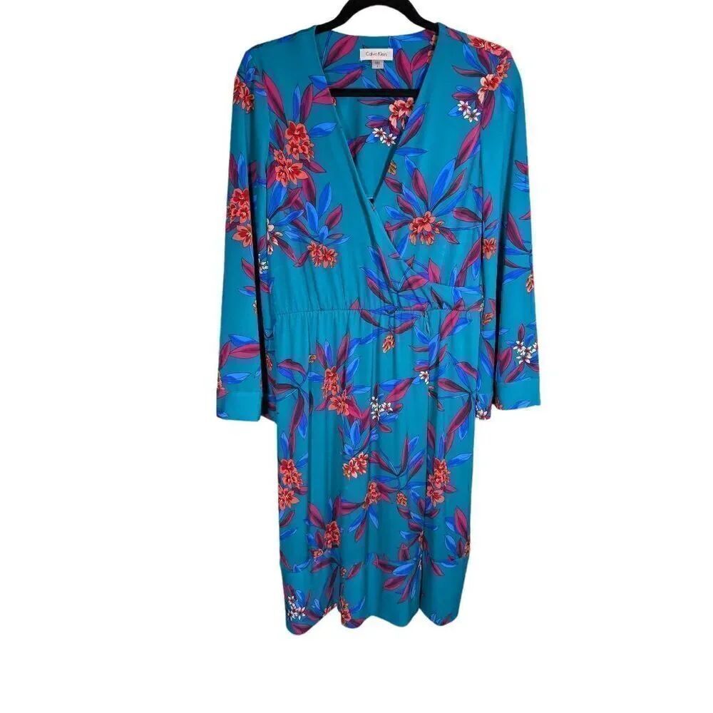 Calvin Klein Faux Wrap Green & Blue Floral Dress Size 8